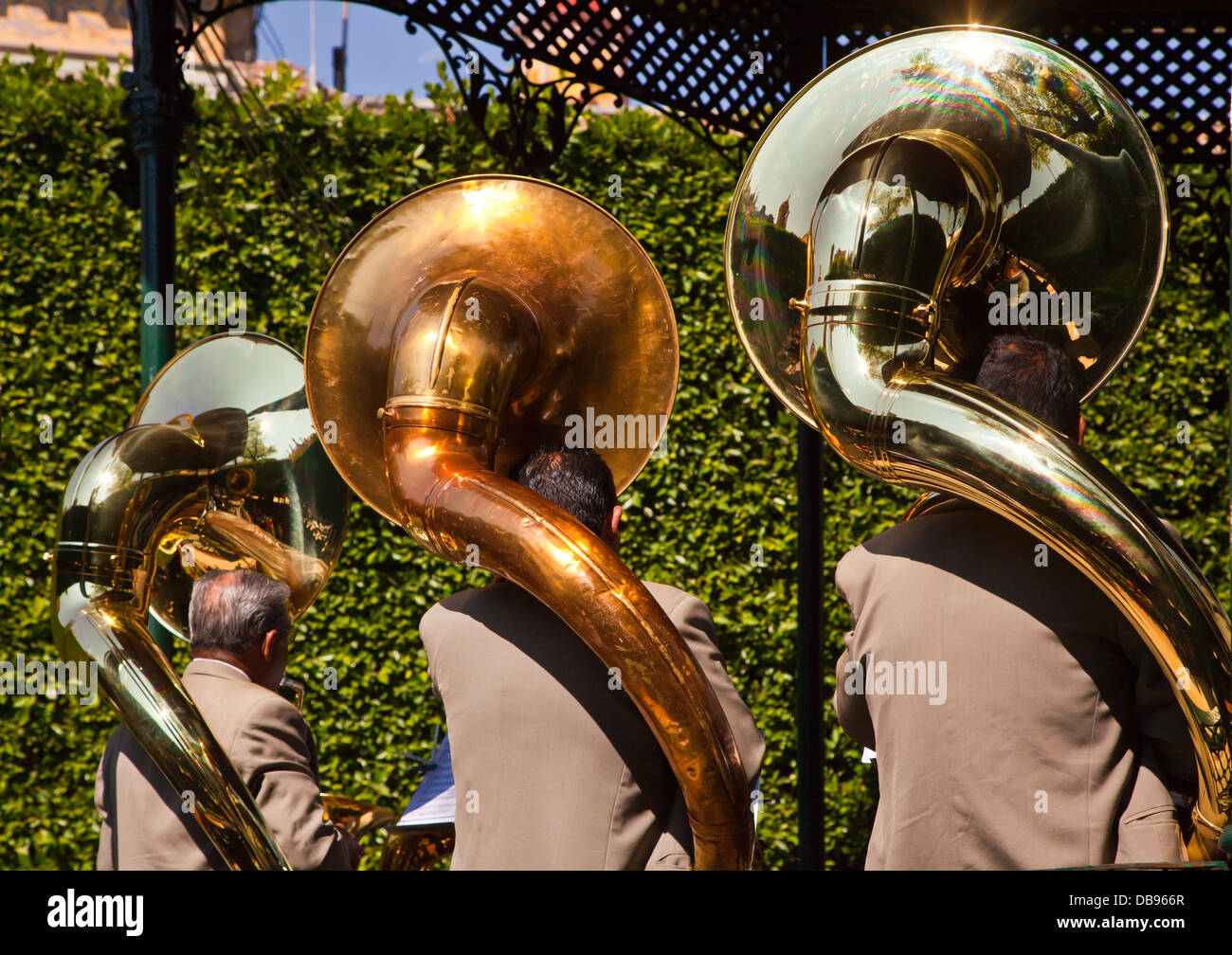 Una banda di ottoni all tre giocatori tuba di preforme in piazza centrale - Guanajuato, Messico Foto Stock