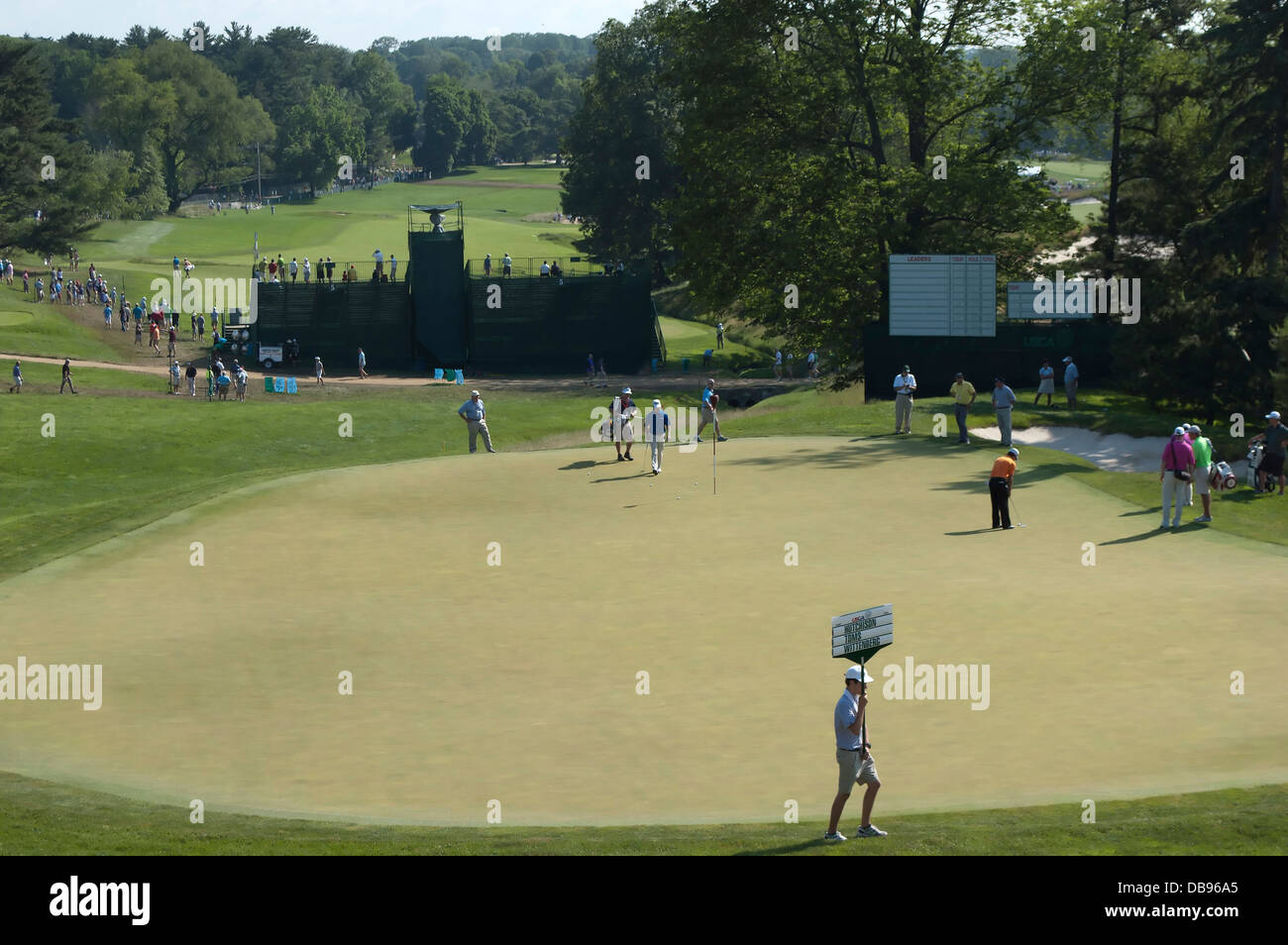 Il verde del foro 3, Merion Golf Club, sito di 2013 US Open di Golf, Haverford Township, vicino Ardmore, Pennsylvania, USA. Foto Stock