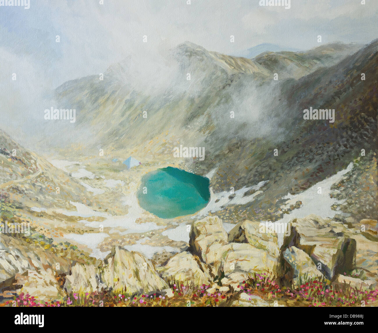 Un dipinto ad olio su tela della vetta più alta in Bulgaria Musala sulla montagna Rila con un cristallo chiaro lago glaciale. Foto Stock