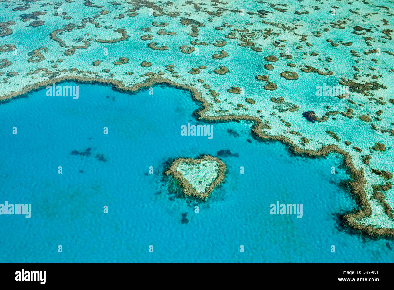 Vista aerea del "cuore Reef', una a forma di cuore la formazione di corallo a Hardys Reef. Great Barrier Reef Marine Park Foto Stock