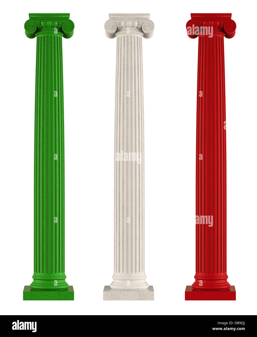 Marmo di tre colonne ioniche con i colori della bandiera italiana isolato su bianco Foto Stock