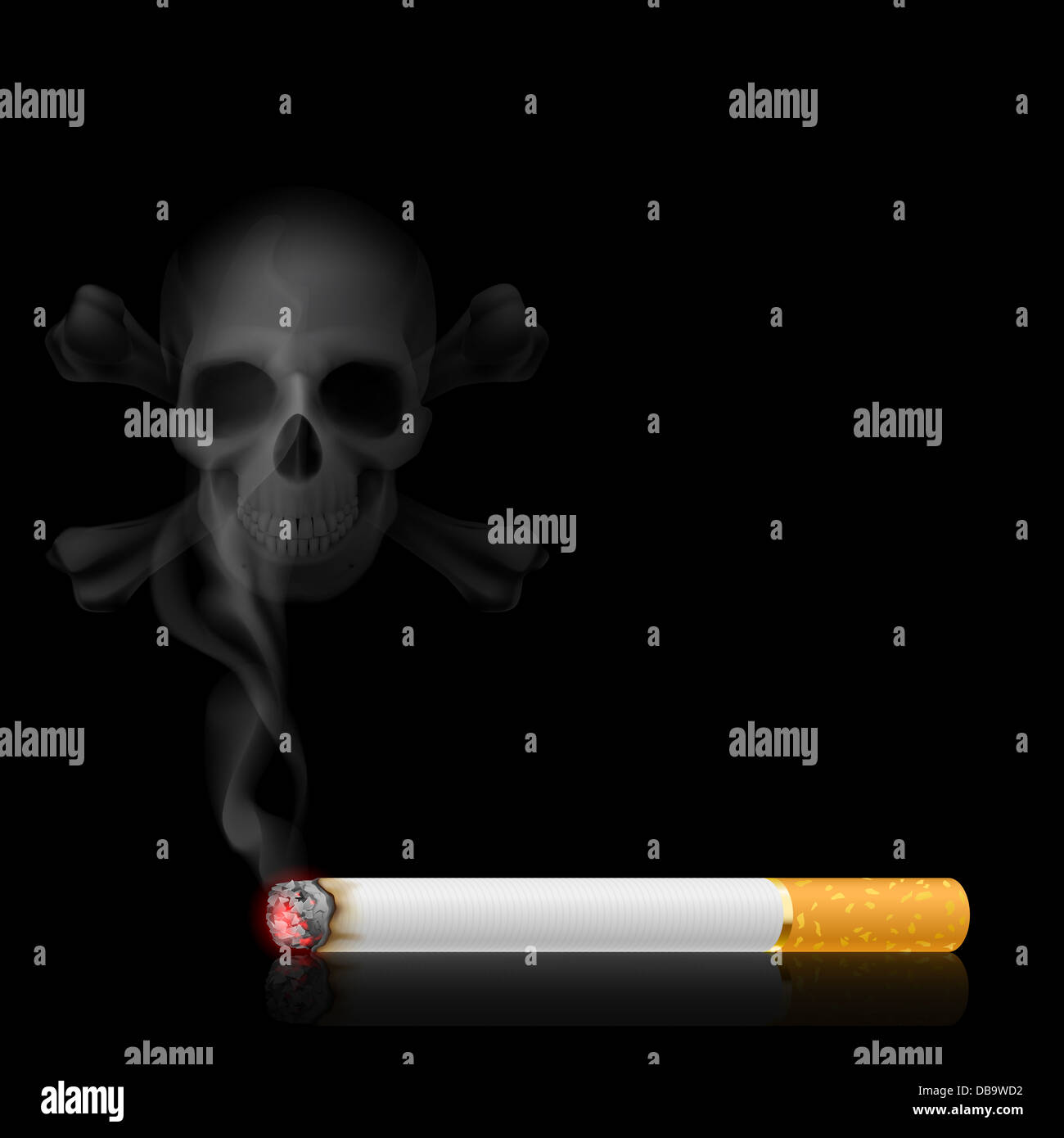 A forma di teschio il fumo proviene dalla sigaretta su nero Foto Stock