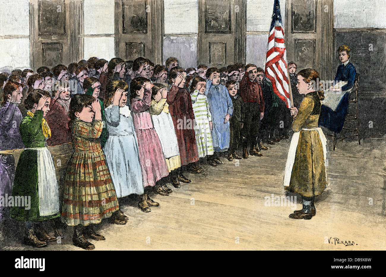 I bambini immigrati salutando la bandiera in una scuola industriale, New York City, 1890s. Colorate a mano la xilografia Foto Stock