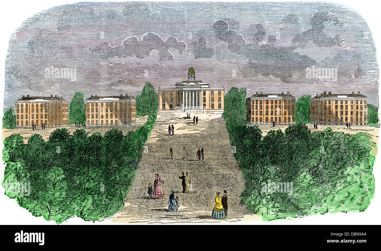 Campus dell'Università del Wisconsin, Madison, circa il tempo del suo primo classi, 1850s. Colorate a mano la xilografia Foto Stock