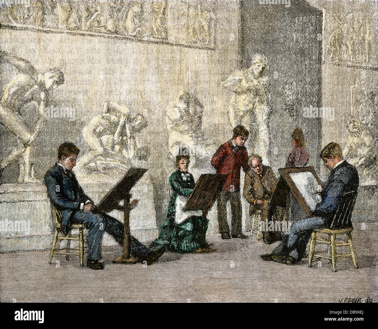Classe d'arte disegno sculture classiche, Philadelphia Accademia di Belle Arti, 1870s. Colorate a mano la xilografia Foto Stock