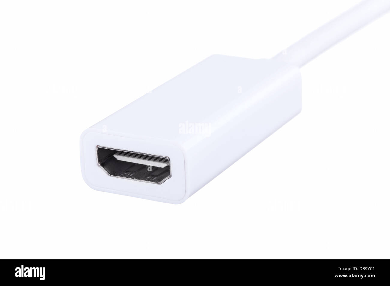 Ripresa macro di un HDMI femmina adattatore cavo isolato su sfondo bianco Foto Stock