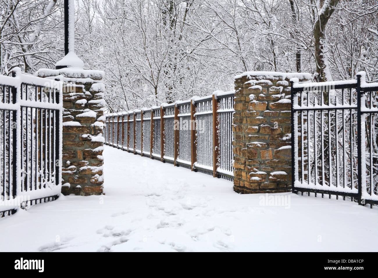 Coperta di neve alberi e Ponte del piede durante l'Inverno nel parco, Sharon boschi, Southwestern Ohio, Stati Uniti d'America Foto Stock