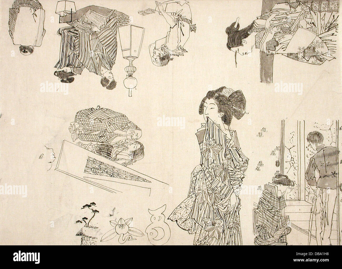 Questi disegni preparatori illustrano scene di melodrammi, mostrando il processo artistico dietro le illustrazioni teatrali e il ruolo dell'arte visiva nella narrazione. Foto Stock