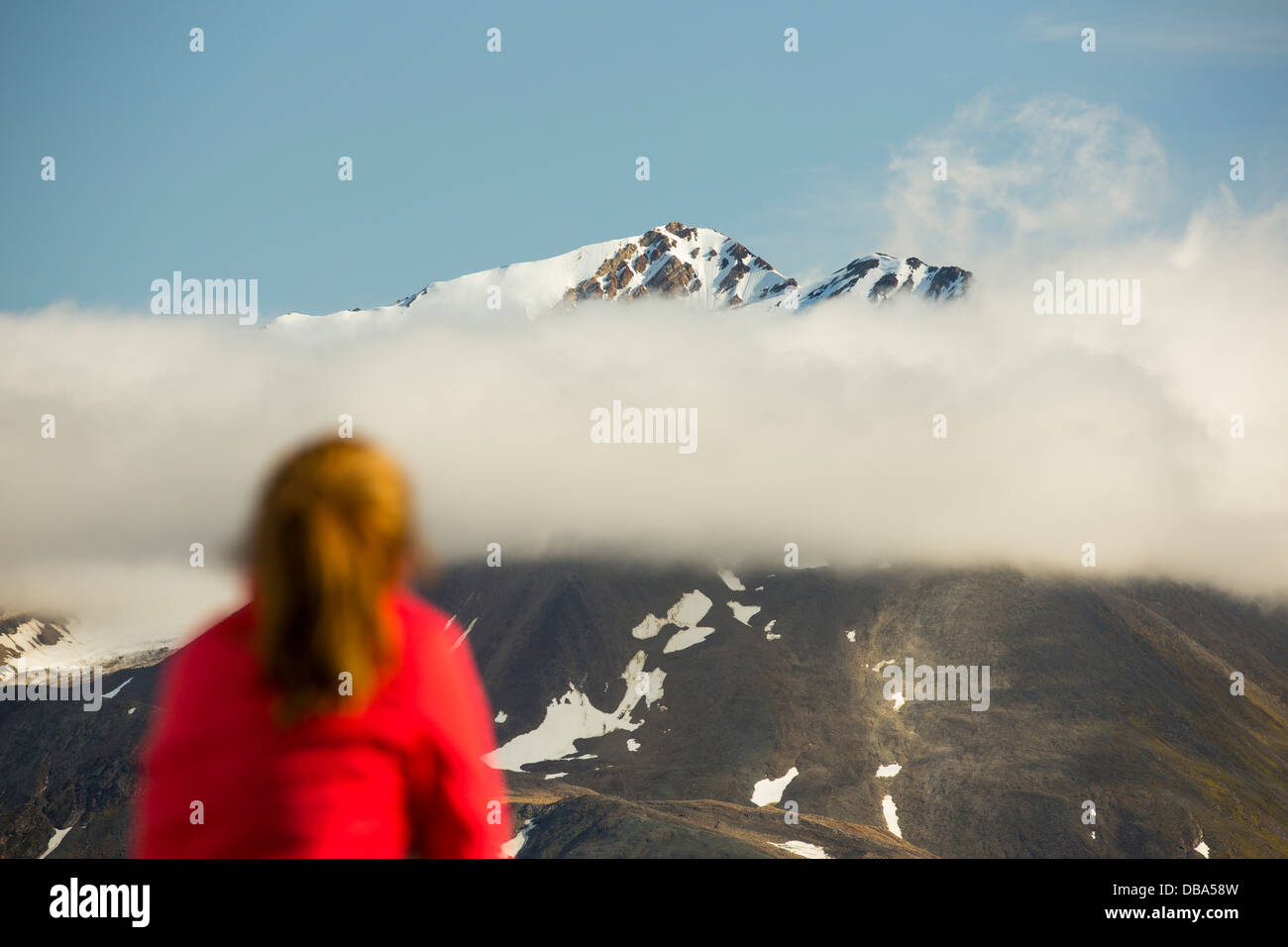 Una donna la visualizzazione dei picchi di montagna nel nord Svalbard da una spedizione nave da crociera. Foto Stock