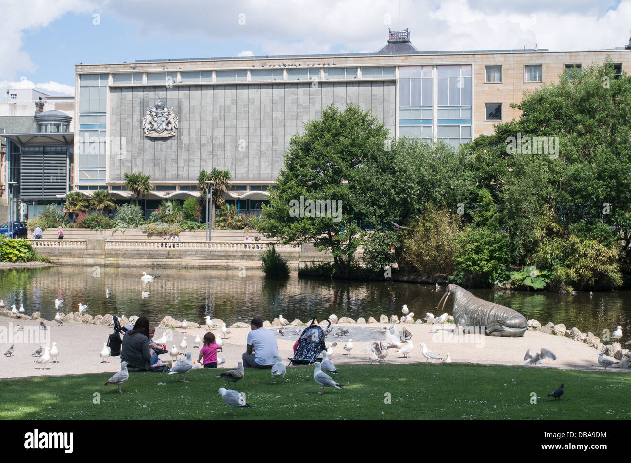 Famiglia di uccelli di alimentazione del Sunderland Mowbray Park con il museo e galleria d'arte in background, Nord Est Inghilterra Foto Stock