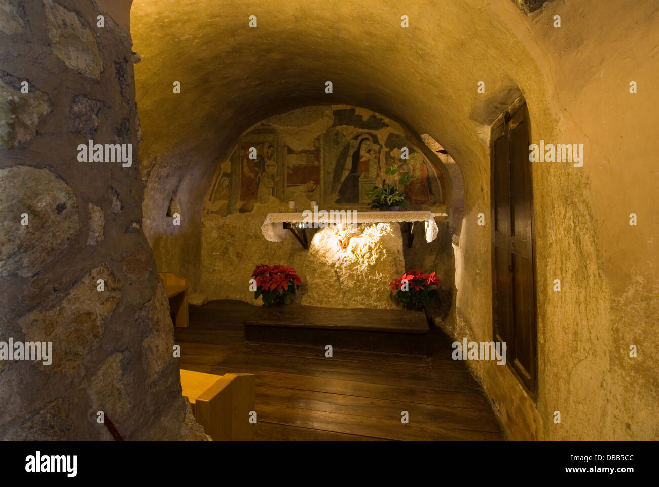 Scena della natività grotta. Greccio San Francesco di Assisi Santuario, Rieti, Lazio, Italia Foto Stock