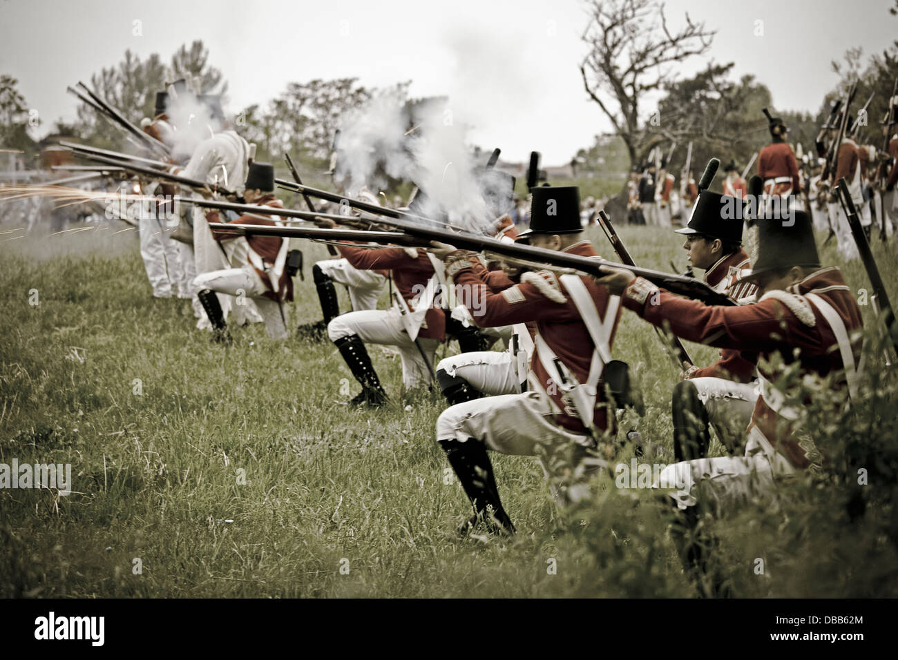 Canada,Ontario,Stoney Creek, la guerra del 1812, la battaglia di Stoney Creek, le truppe britanniche sparando moschetti Foto Stock
