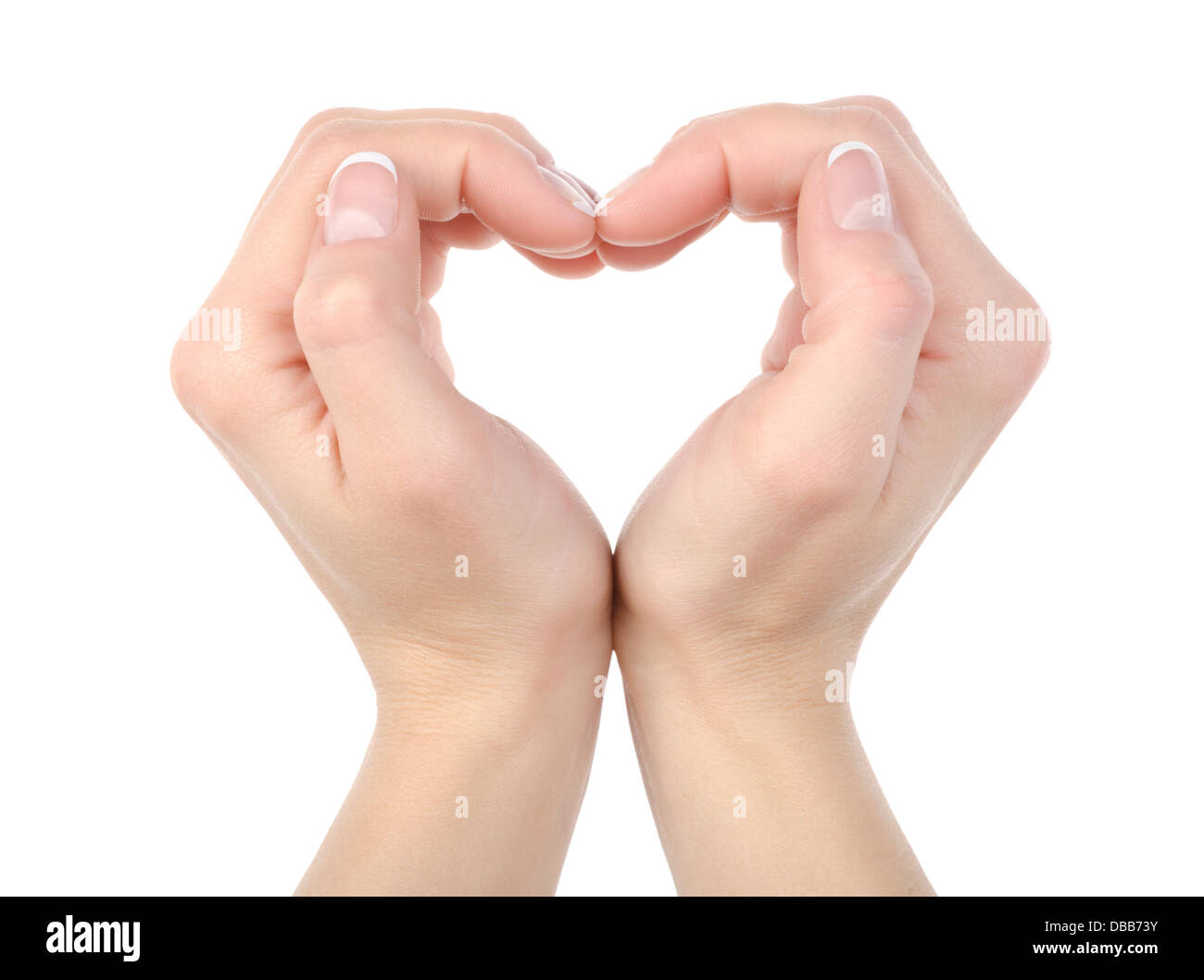 L'amore: mani facendo una forma di calore isolati su sfondo bianco Foto Stock