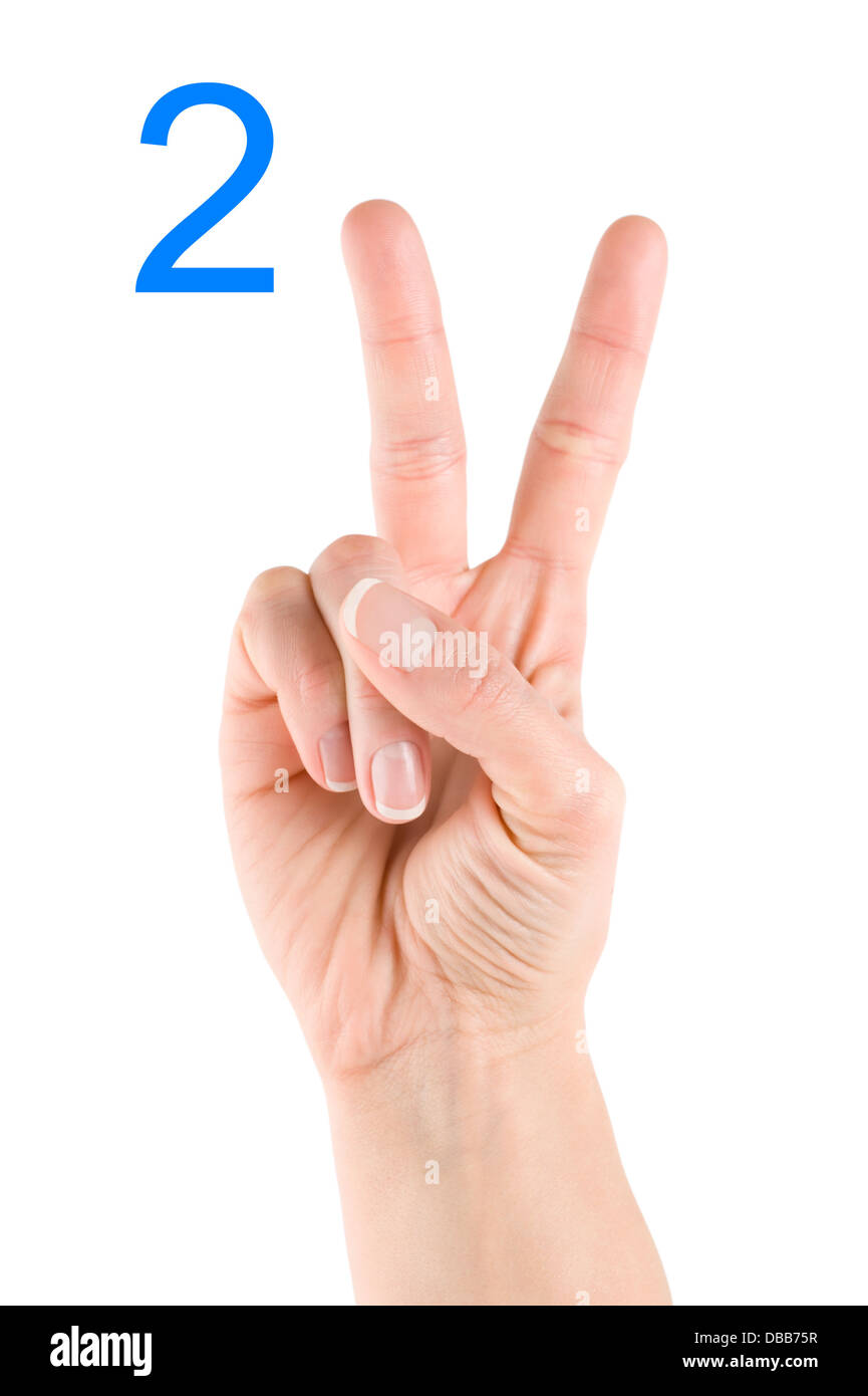 La mano che mostra il numero due isolati su sfondo bianco Foto Stock