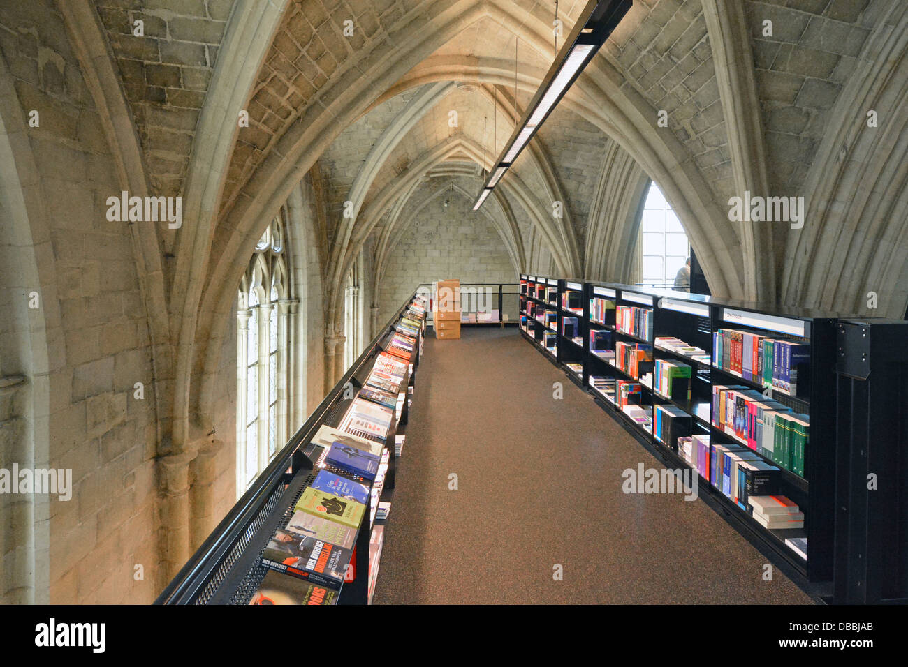 Maastricht Selexyz Dominicanen libreria scaffalatura sotto il soffitto a volta interno di ridondante edificio gotico del XIII secolo a Limburgo Europa UE Foto Stock