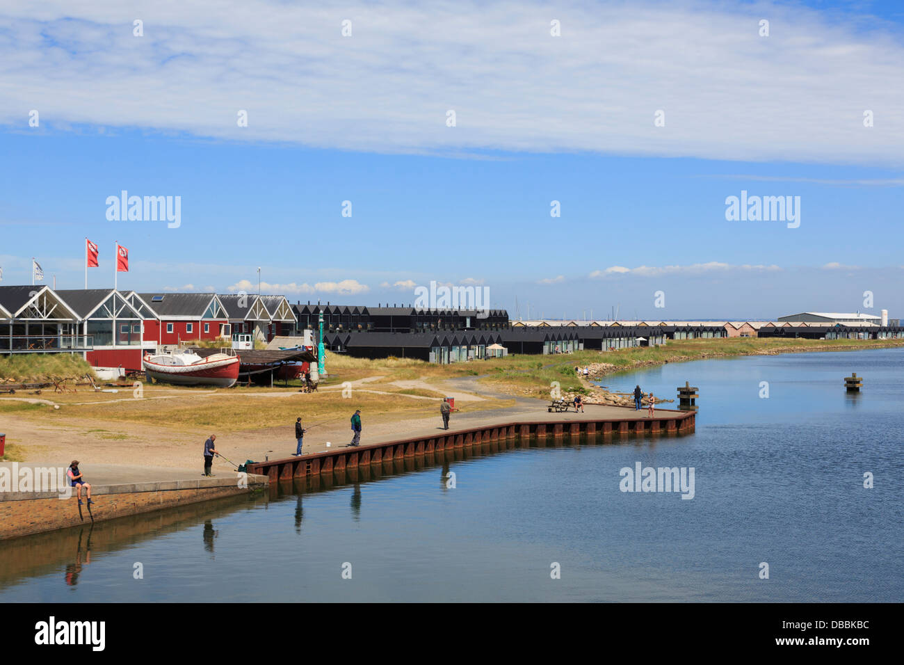 I pescatori pesca sportiva nel fiordo Ringkobing fuori Fiskeriets Hus Museum di Hvide Sande, centrale dello Jutland, Danimarca e Scandinavia Foto Stock