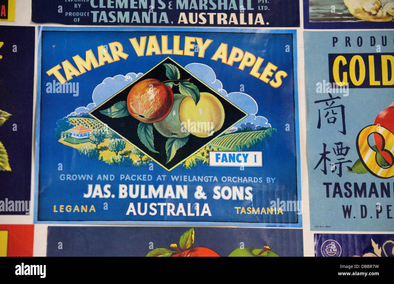 L'imballaggio Apple in mostra presso il Museo di Apple a Grove in Tasmania Foto Stock