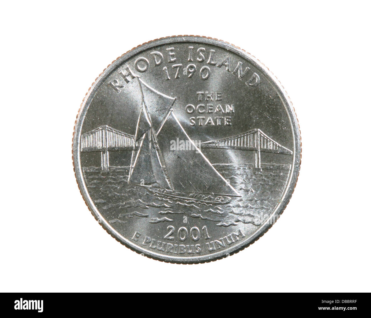 La Rhode Island stato trimestre commemorative coin isolato su bianco Foto Stock