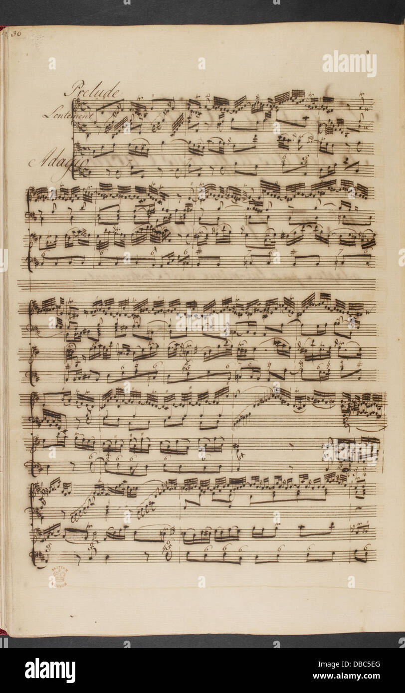 Questa immagine mostra un manoscritto musicale di Francesco Saverio Geminiani, intitolato "Pièces de clavecin". Geminiani è stato un compositore italiano rinomato per le sue opere di clavicembalo nel XVIII secolo. Foto Stock