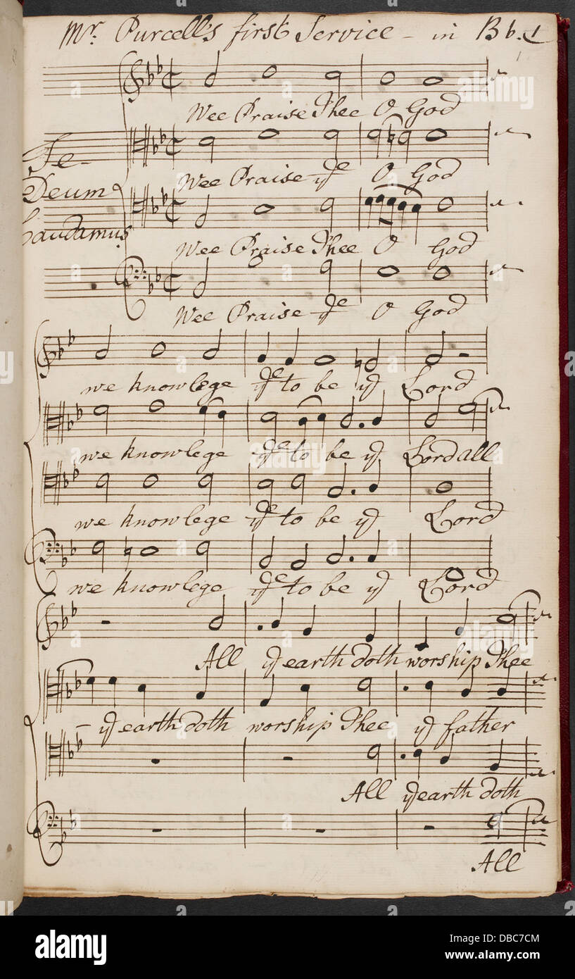 Questa immagine mostra il manoscritto di Henry Purcell 'Morning Service in B flat major', parte della collezione della British Library. L'opera è un esempio significativo dei contributi di Purcell alla musica sacra barocca. Foto Stock