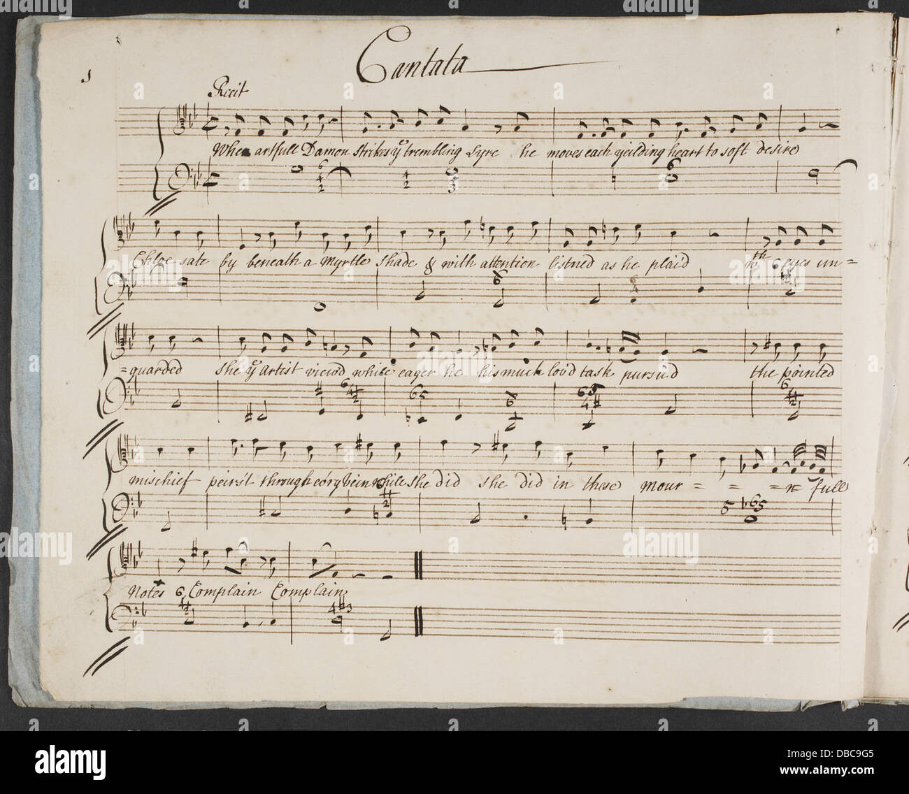 Una pagina di manoscritto dell'opera musicale di James Kent "When Artful Damon Strikes the trembling lyre", conservata nella British Library, che rappresenta la composizione musicale dei primi anni del XIX secolo. Foto Stock
