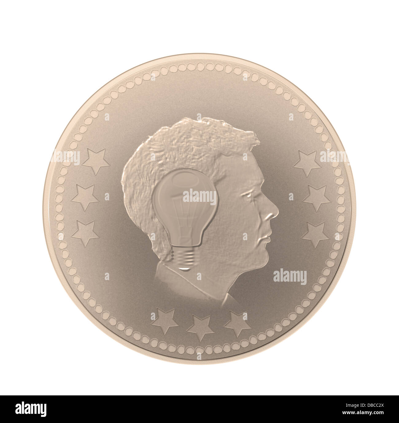 Immagine illustrativa di un uomo e di una lampadina impronta sulla moneta che rappresenta la generazione di idee Foto Stock