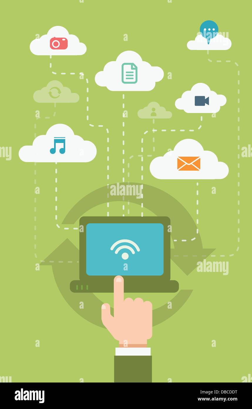 Immagine illustrativa di imprenditore il mano utilizzando laptop che rappresenta il cloud computing Foto Stock