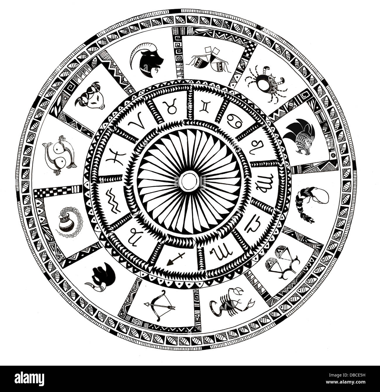 Illustrazione dei segni zodiacali su sfondo bianco Foto Stock