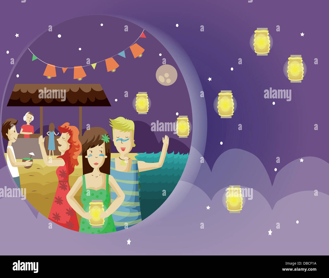 Illustrazione delle persone celebrare la festa delle lanterne di notte Foto Stock