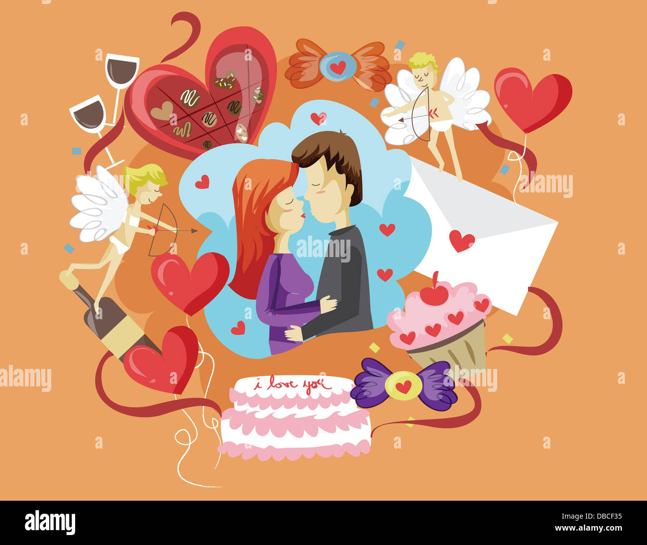 Illustrazione della giovane kissing che rappresenta il giorno di San Valentino Foto Stock