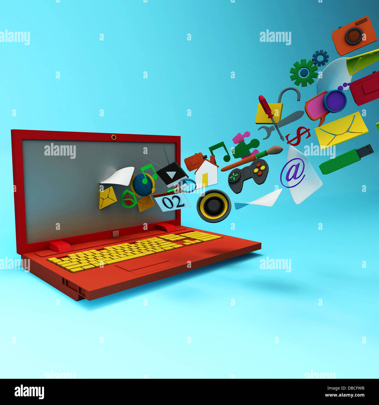 Immagine illustrativa del computer icone rilasciando da schermo di computer portatile che rappresenta la tecnologia 3D Foto Stock