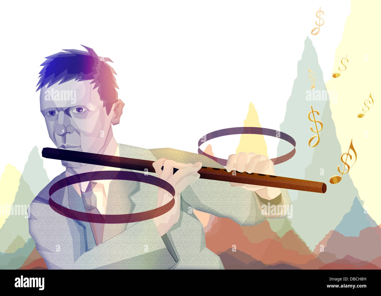 Immagine illustrativa di imprenditore suonare il flauto di percentuale che rappresenta il finanziamento Foto Stock