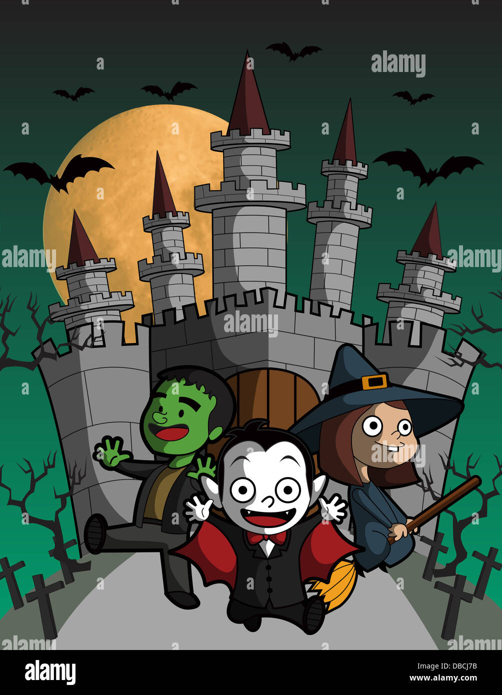 Illustrazione dei ragazzi in abito di Halloween battenti contro il castello Foto Stock