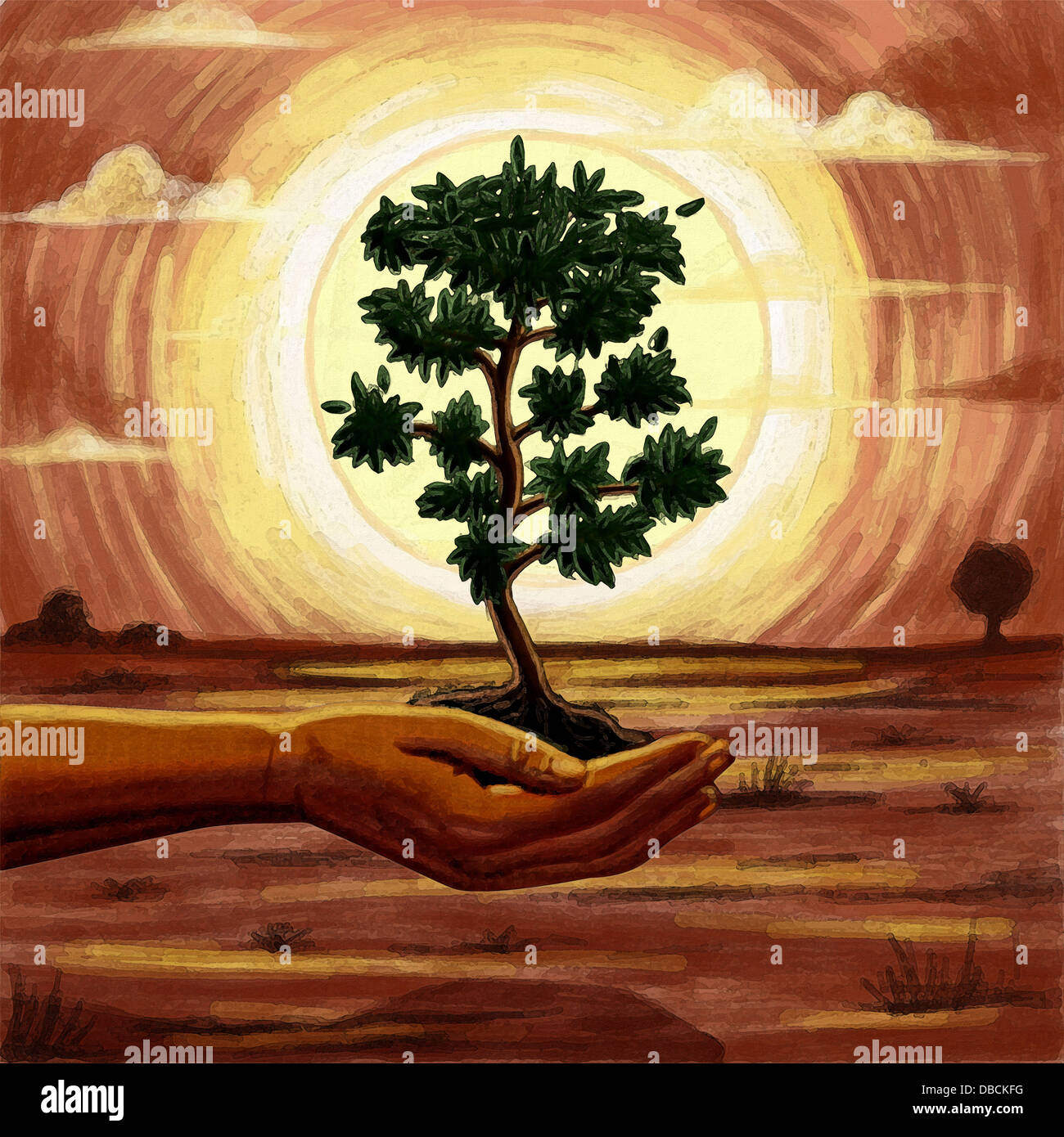 Immagine illustrativa della mano umana tenendo albero che rappresenta la conservazione dell ambiente Foto Stock