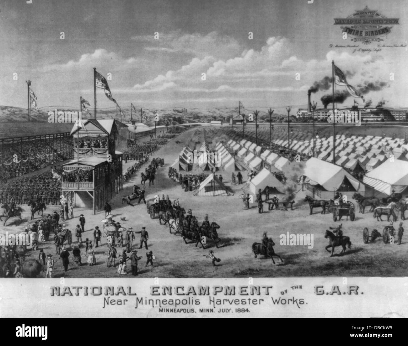 Accampamento nazionale del G.A.R., vicino a Minneapolis Harvester Works., Minneapolis, Minnesota, Luglio 1884 Foto Stock