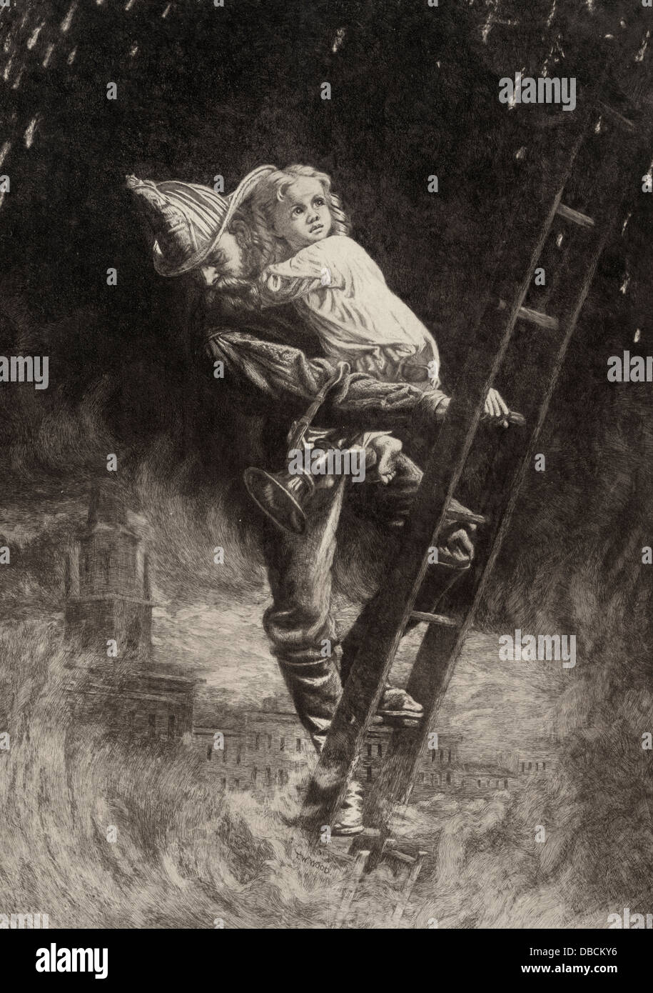 Vintage illustrazione del vigile del fuoco salvataggio bambina Foto Stock