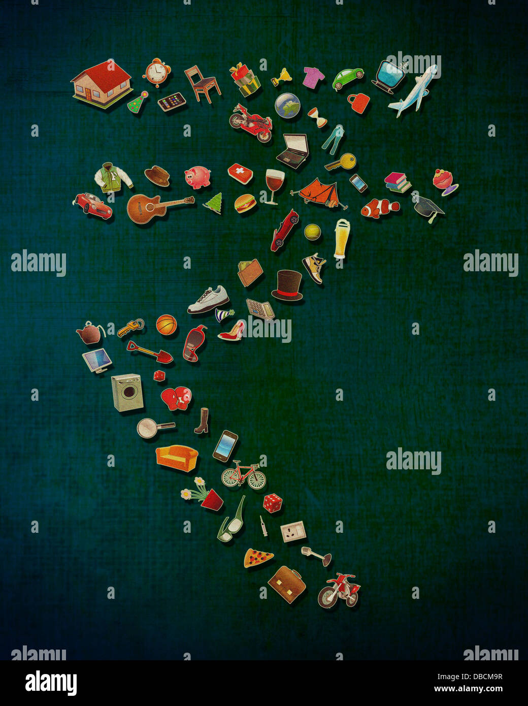 Immagine illustrativa di valuta indiana segno fatto di vari oggetti su sfondo colorato Foto Stock