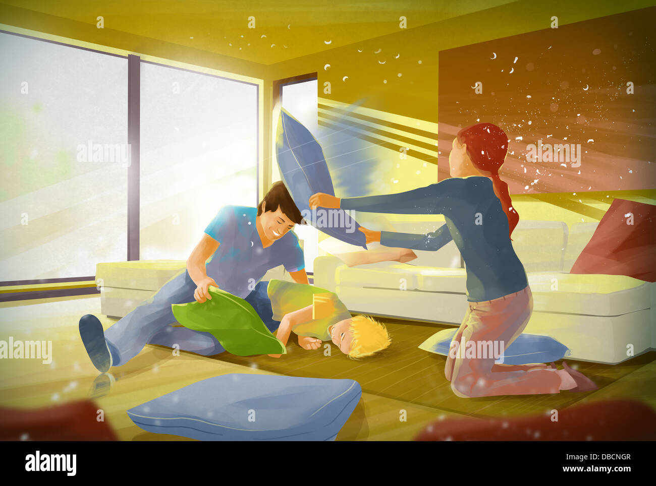 Illustrazione della famiglia cuscino combattimenti in salotto Foto Stock