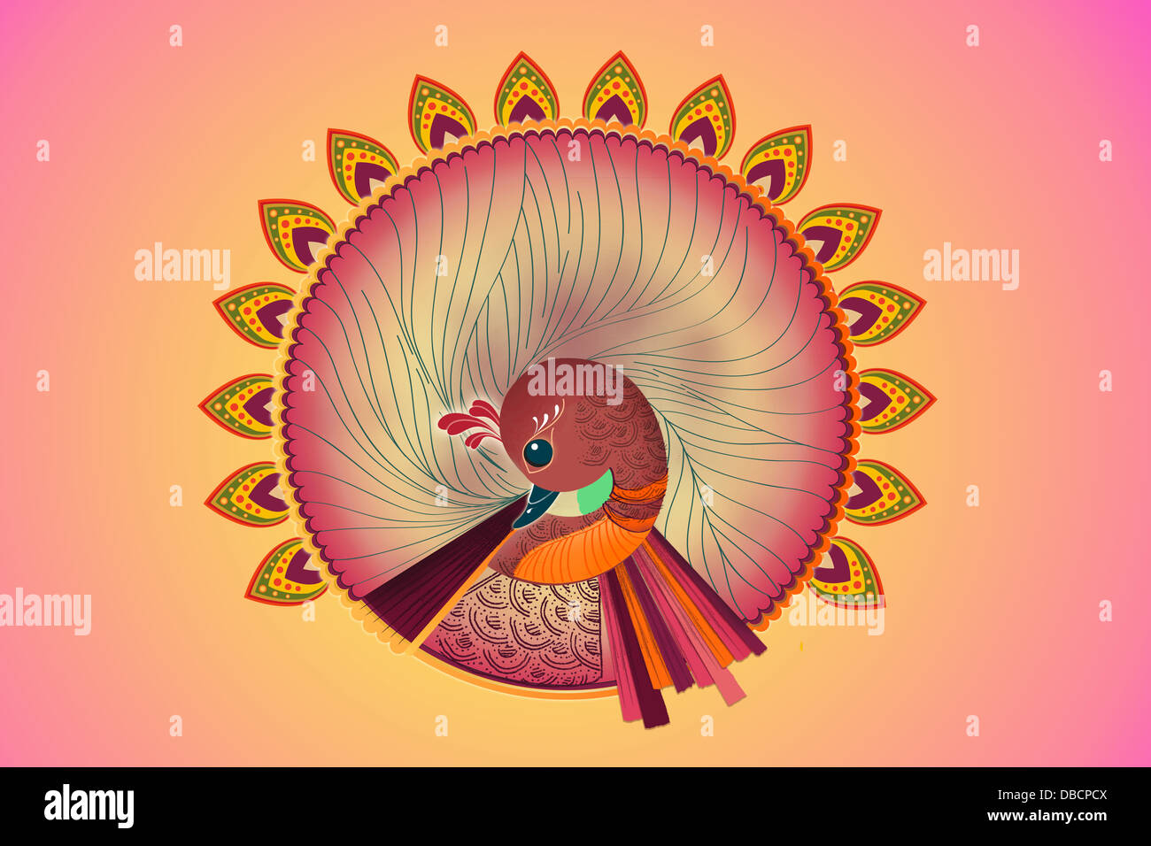 Illustrazione del disegno pavone su sfondo colorato Foto Stock