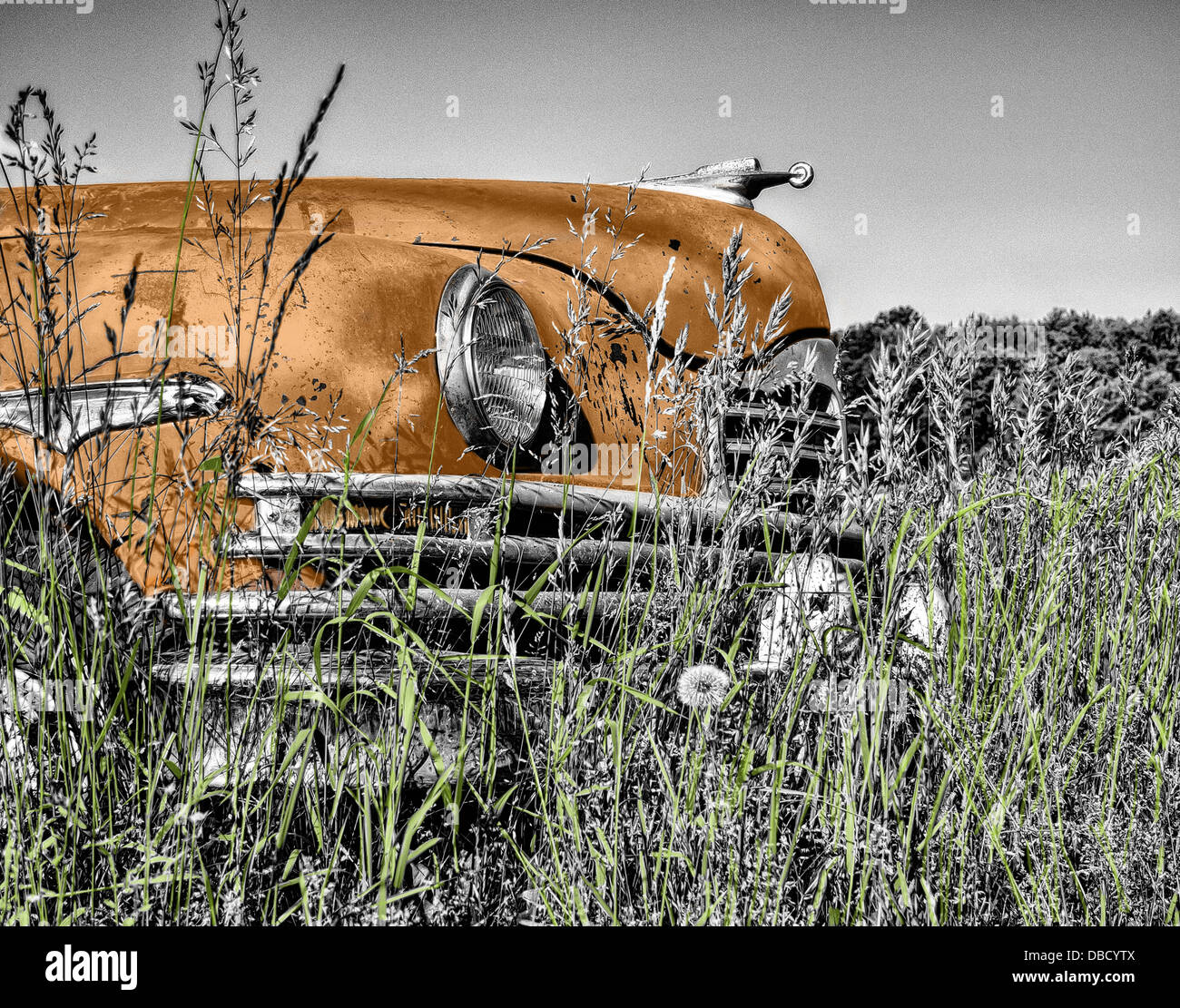 Un'auto d'epoca, forse un modello classico o antico, viene catturata in un campo. L'auto fa parte della storia dei veicoli, mostrando il suo design e lo stile, rappresentando l'evoluzione del trasporto automobilistico. Foto Stock