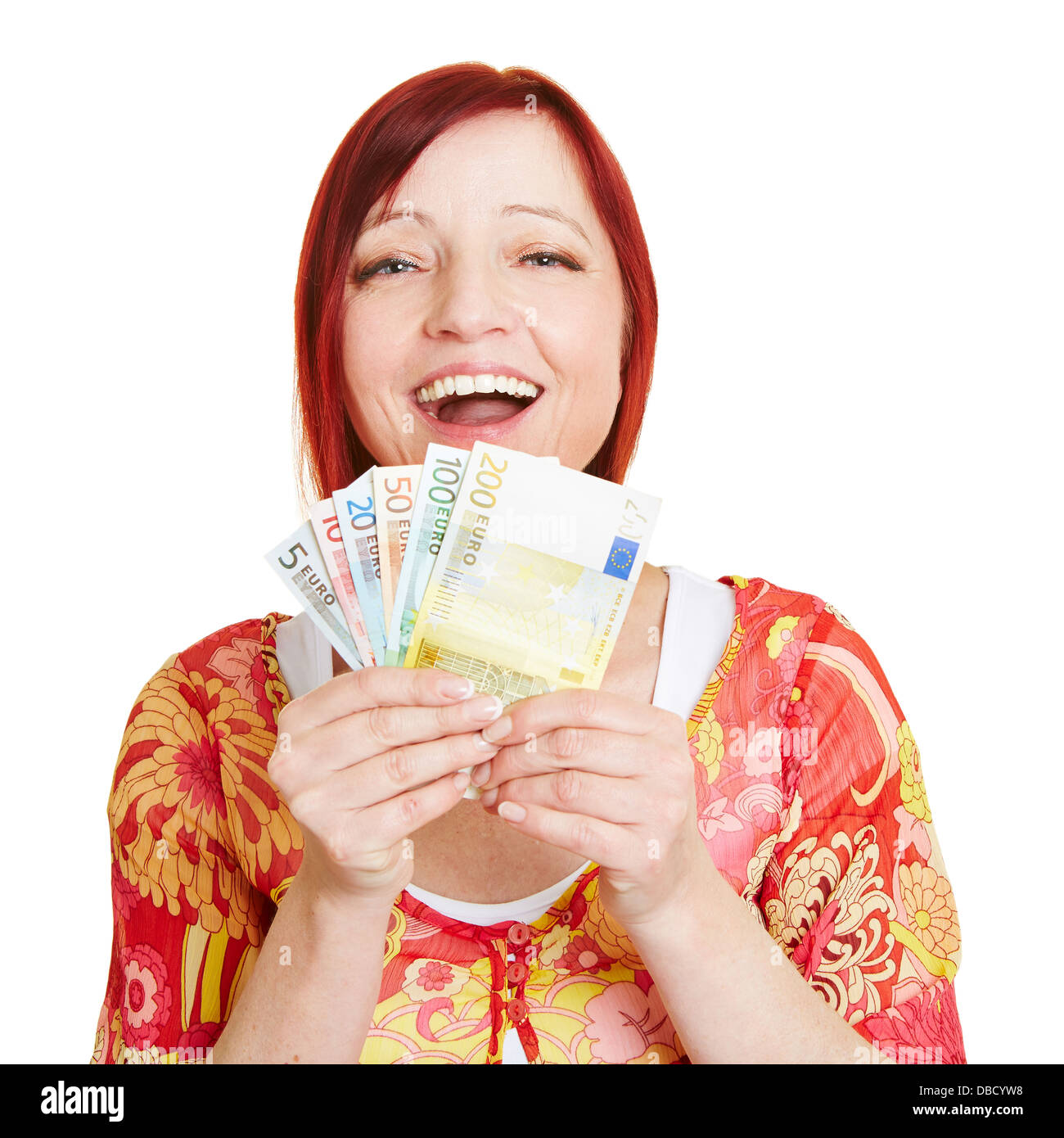 Donna di successo con la ventola del denaro Euro Bills Foto Stock