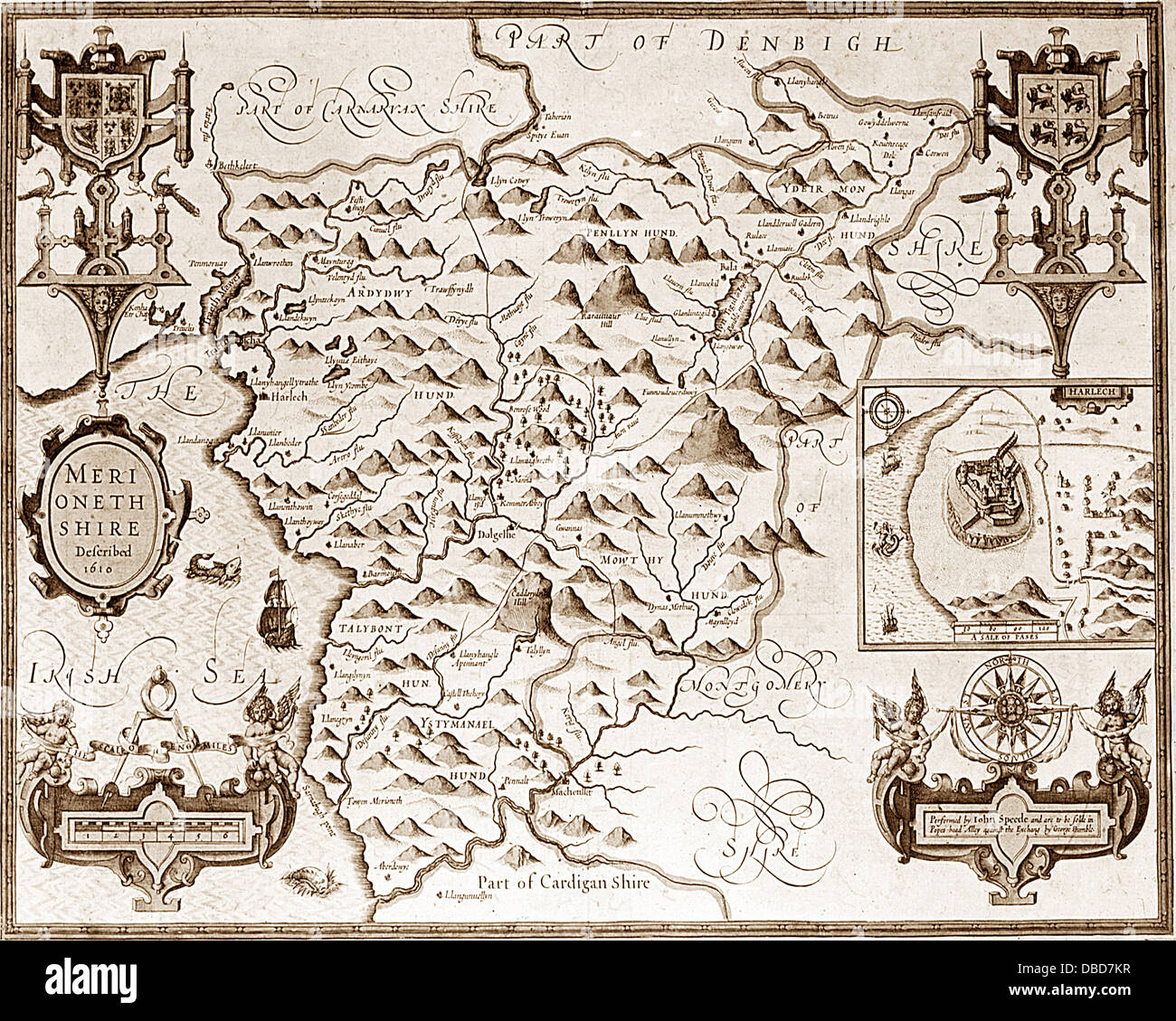 Xvii secolo (1610) Mappa di Merionethshire Foto Stock Xvii secolo (1610) Mappa di Merionethshire Foto Stock