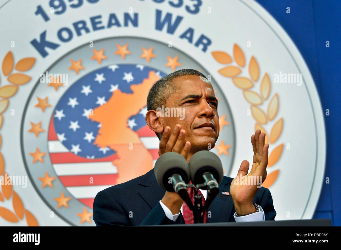 Il Presidente Usa Barack Obama durante un evento per commemorare il sessantesimo anniversario della fine della Guerra di Corea alla guerra coreana Memorial Luglio 27, 2013 a Washington, DC. Foto Stock