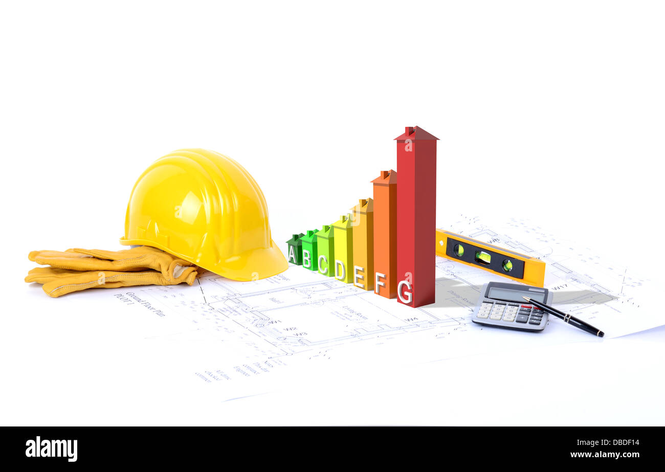 Concetto per ecologici costruzione 3d di un grafico della crescita su blueprints Foto Stock