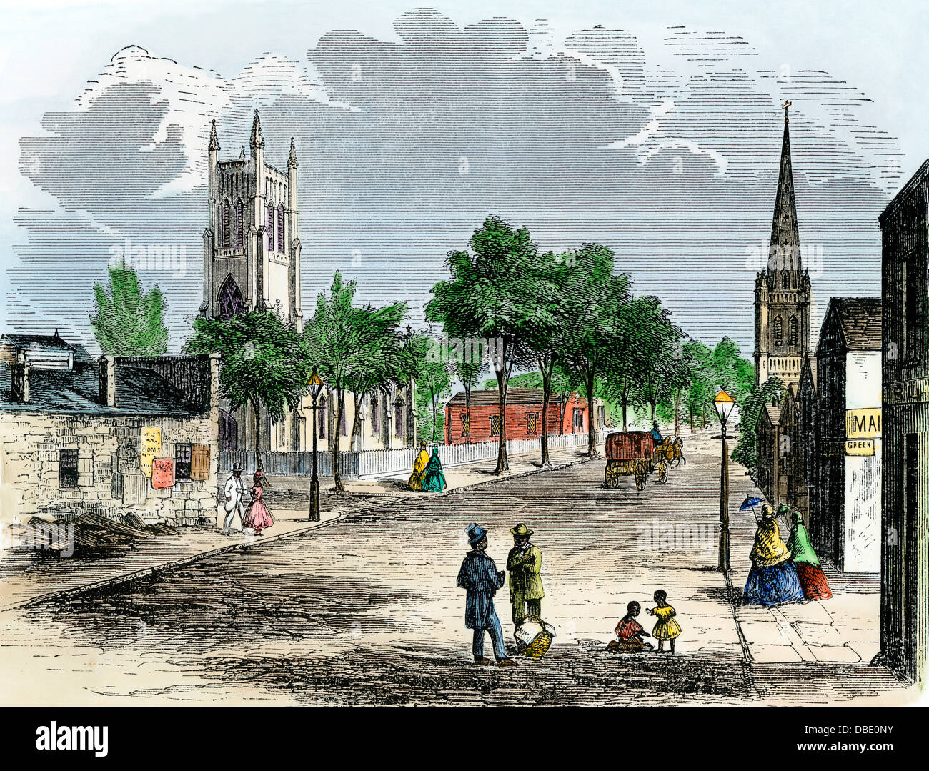 Louisville, Kentucky, angolo di verde e sesto strade, 1850s. Colorate a mano la xilografia Foto Stock