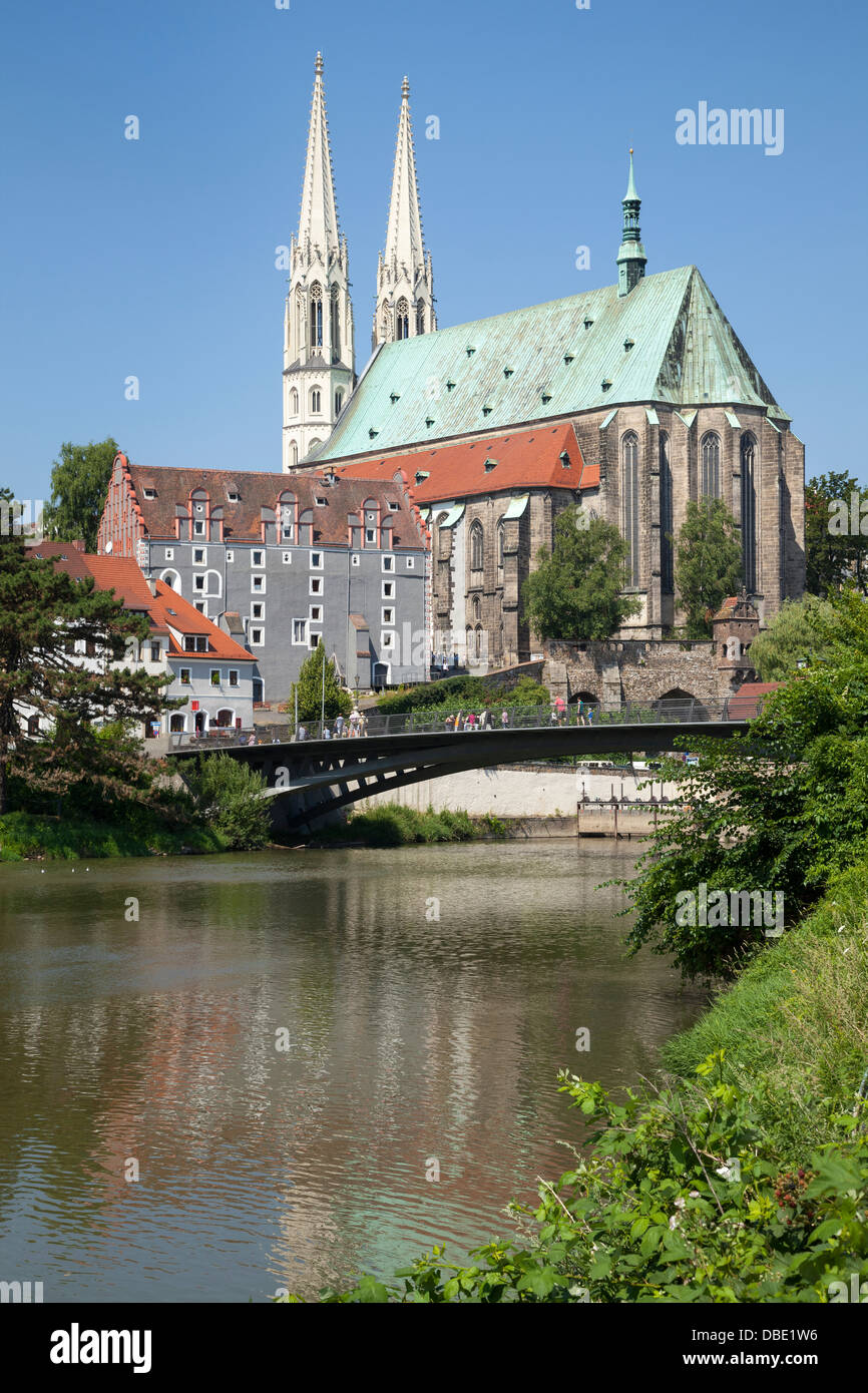 San Pietro e Paolo Chiesa, Waidhaus e l'Altstadt Bridge, Goerlitz, Bassa Sassonia, Germania Foto Stock
