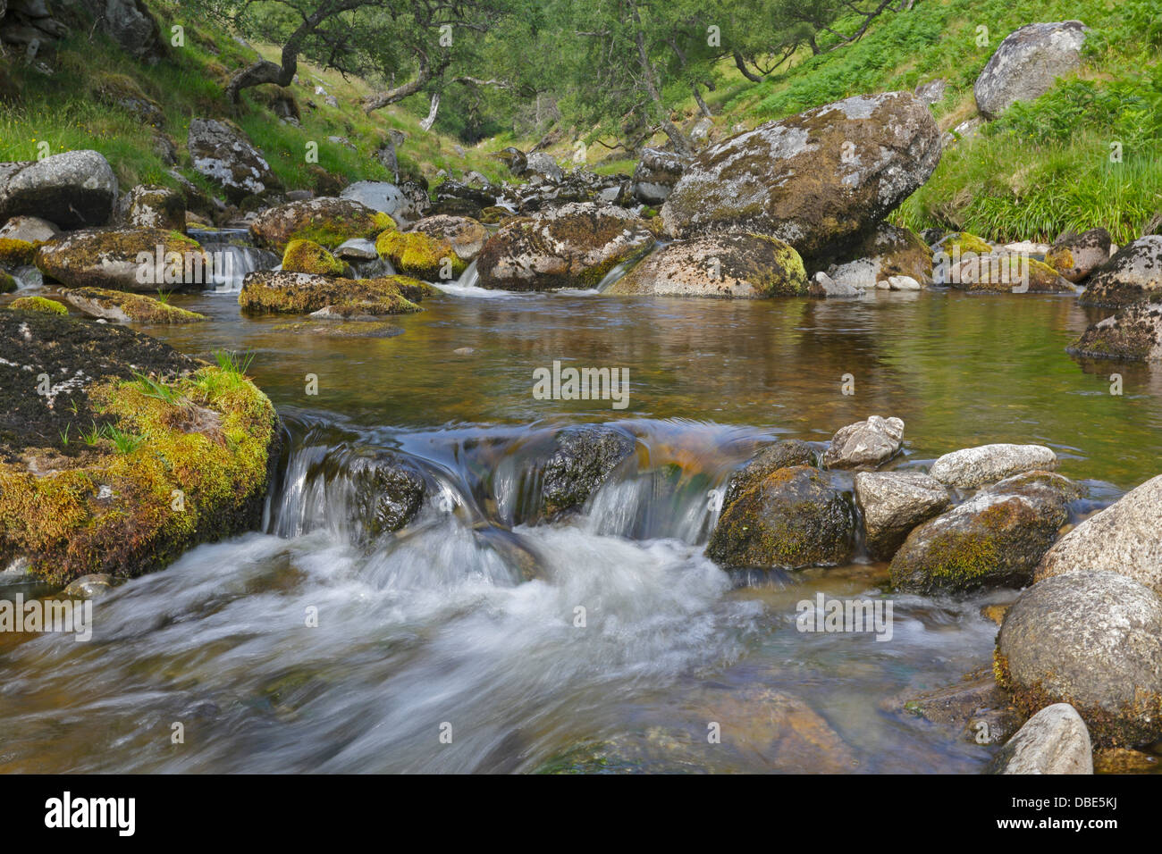 Una lunga esposizione del flusso nella valle di Findhorn in Scozia Foto Stock