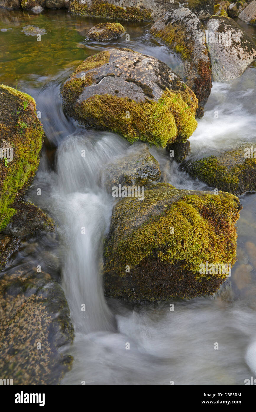 Una lunga esposizione del flusso nella valle di Findhorn in Scozia Foto Stock