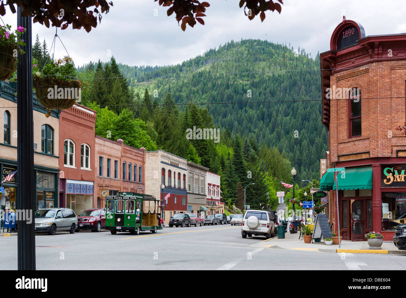 Bank Street (strada principale nel centro storico di argento città mineraria di Wallace, Idaho, Stati Uniti d'America Foto Stock
