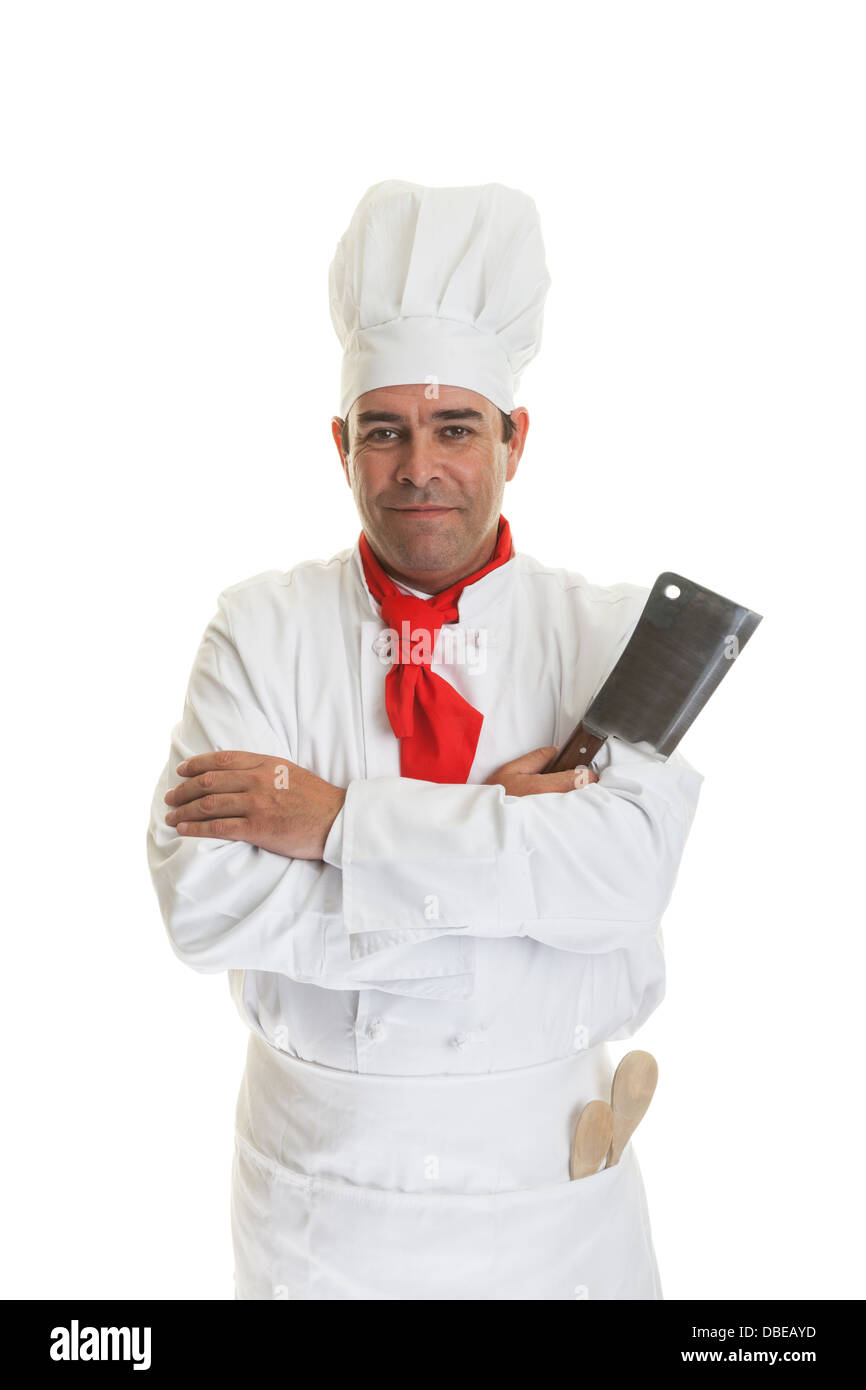 Uno chef professionale con un taglierino per carne sul bianco. Foto Stock